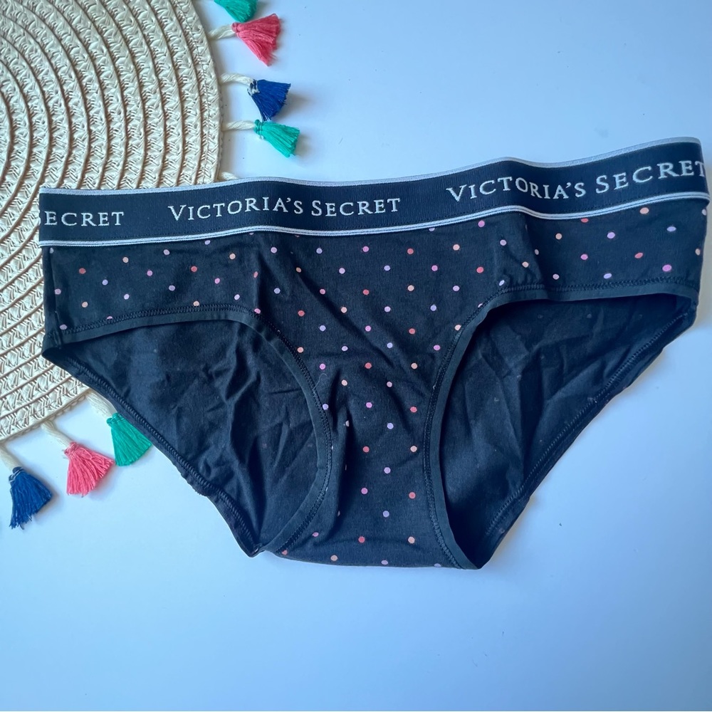 Victoria's Secret Logo Cotton Hiphugger Panty Black w Multi Color Dot Small NEW